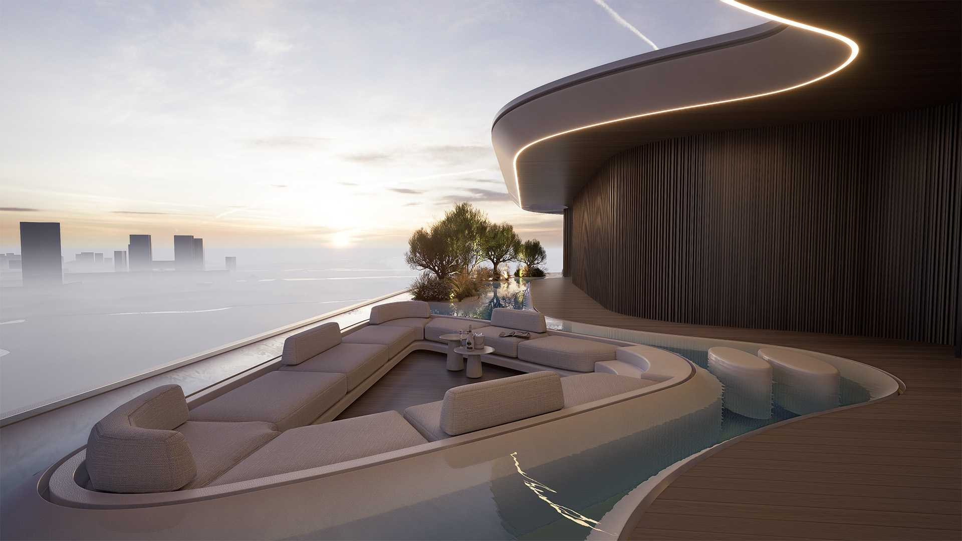 Flow25 Reem Island rooftop sky lounge with sea view seating