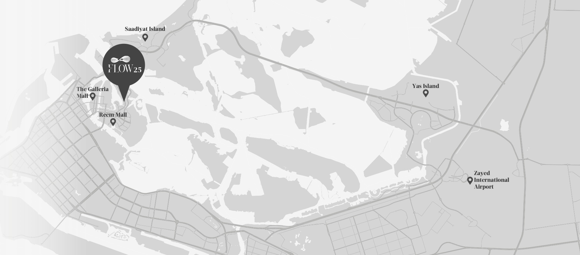 Flow25 Abu Dhabi location map showing connectivity and nearby destinations