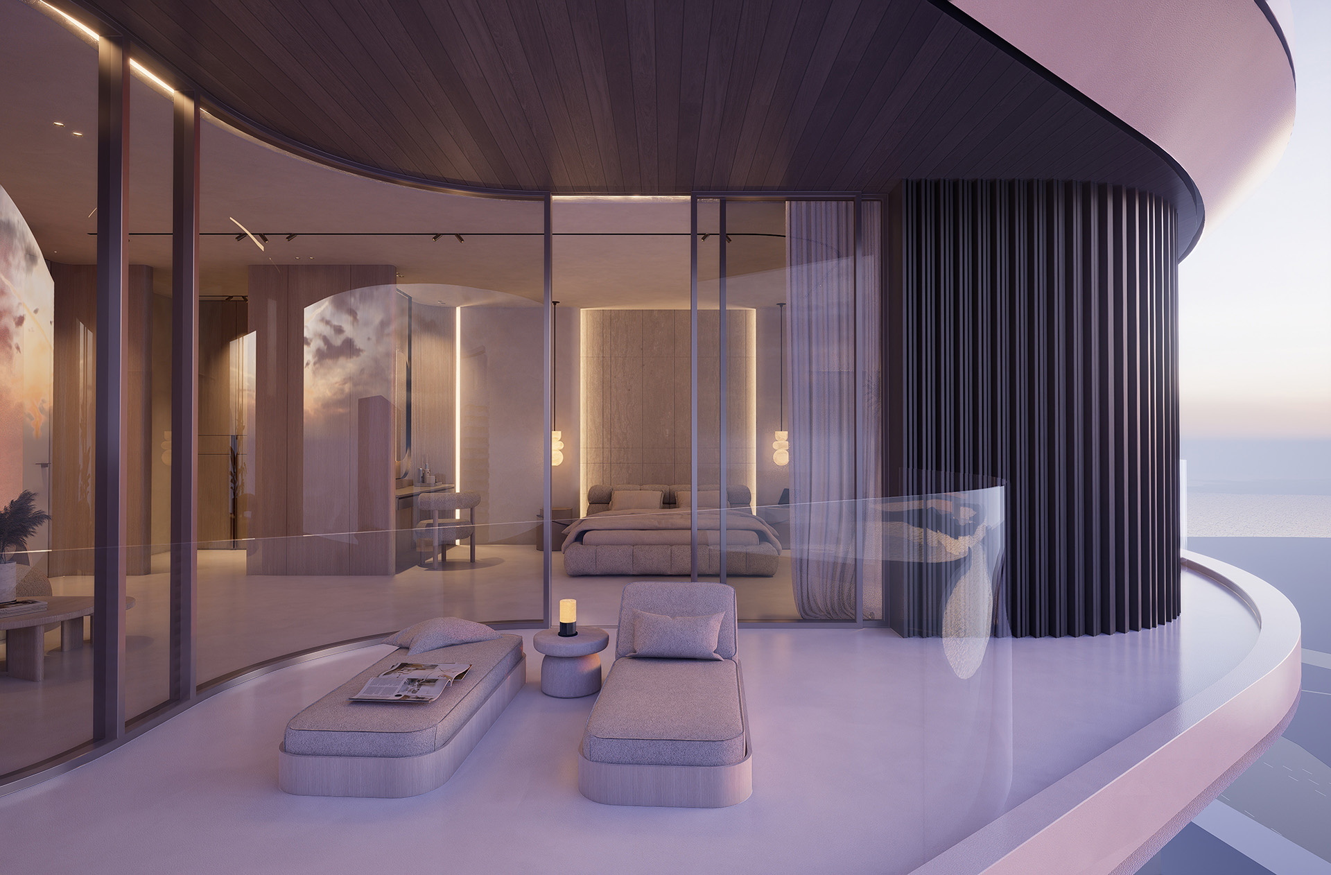 Modern outdoor lounge terrace with lighting at Flow25 Al Reem Island